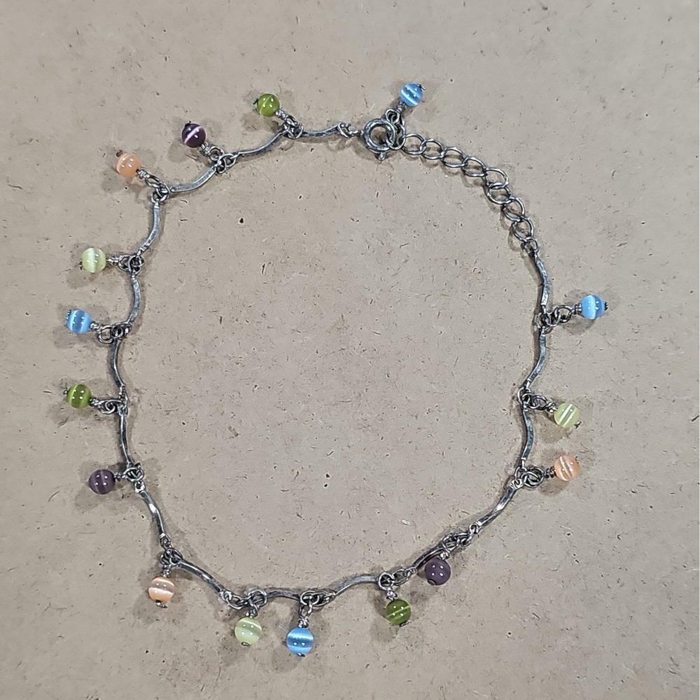 Multi Color Cat's Eye Bead Anklet Ankle Bracelet Blackened Metal Chain Adjusts